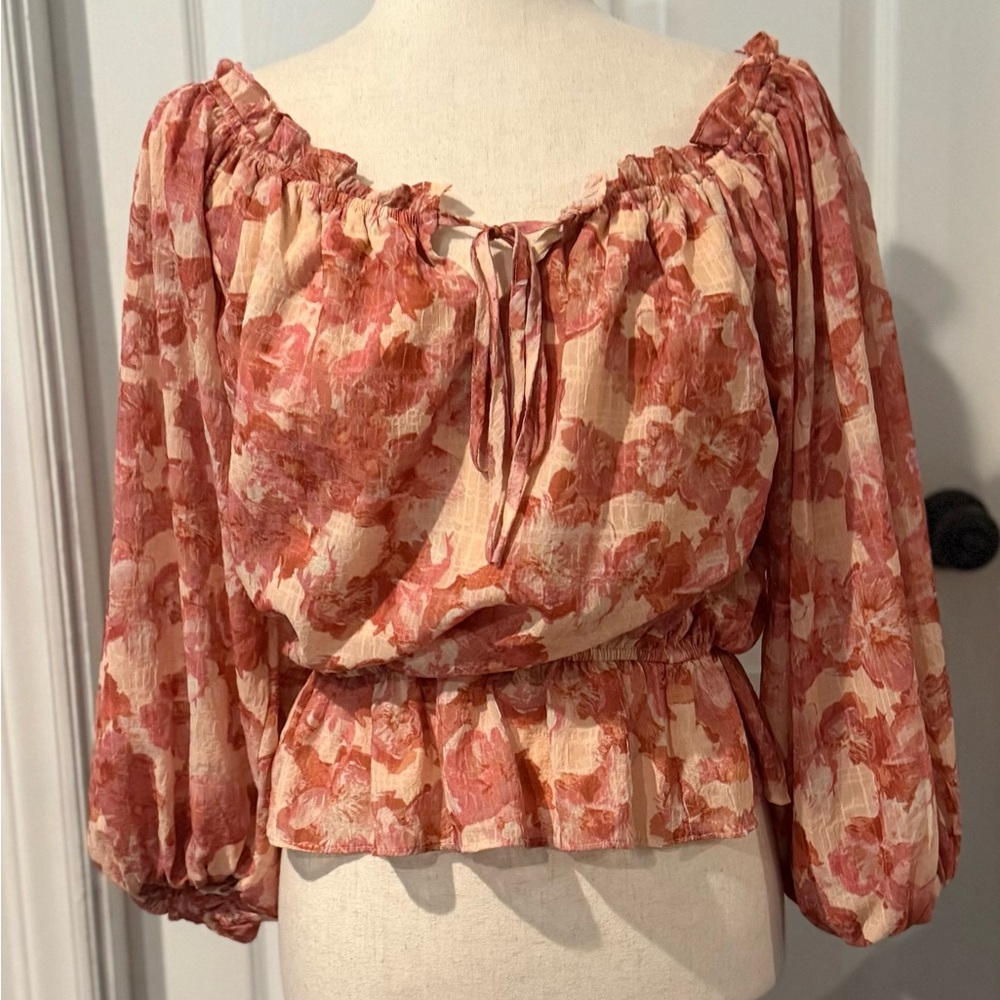 Flying Tomato Rust and Tan Floral Off-Shoulder Blouse